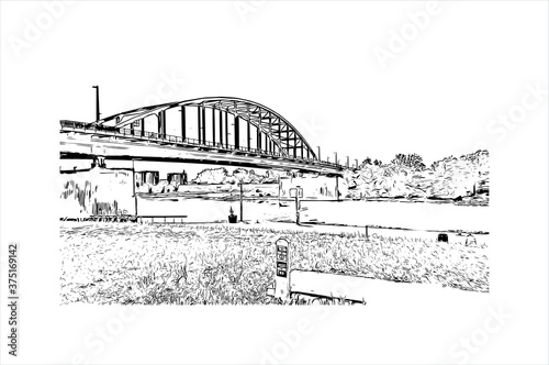 Building view with landmark of Arnhem is a city and municipality situated in the eastern part of the Netherlands. Hand drawn sketch illustration in vector.