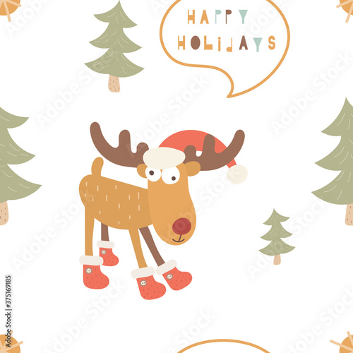 Cute seamless pattern for Christmas design and X-mas goods. Scandinavian style. Nordic funny reindeer  trees and lettering Happy holidays. Vector illustration. Pattern is cut  no clipping mask.