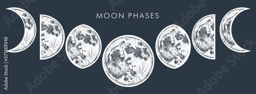 Moon phases isolated, hand drawn illustration.	
