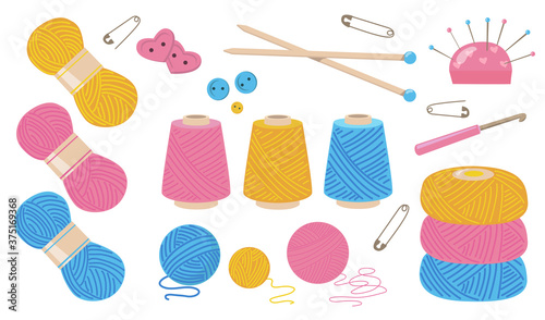 Threads for sewing flat illustration set. Cartoon cotton or wool yarn bobbin for knitting on white background isolated vector illustration collection. Fabric ropes and handcrafting concept