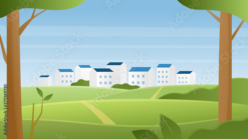Fototapeta Naklejka Na Ścianę i Meble -  Green summer urban landscape vector illustration. Cartoon flat cityscape with town houses on horizon, road to city among green rural fields on hills and trees, panoramic natural skyline background