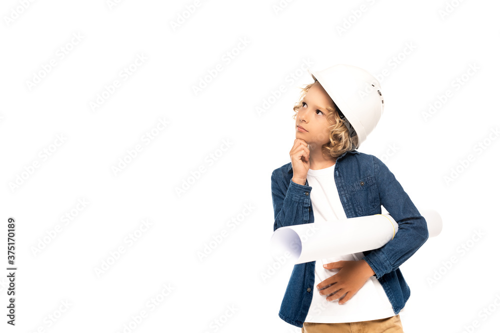 pensive boy in safety helmet and costume of architect holding blueprint isolated on white pensive boy in safety helmet and costume of architect holding blueprint isolated on white