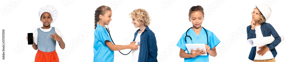 collage of african american kid pointing with finger at smartphone with blank screen, child in doctor costume examining boy isolated on white collage of african american kid pointing with finger at smartphone with blank screen, child in doctor costume examining boy isolated on white