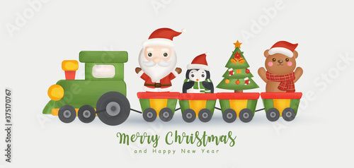 Merry Christmas and happy new year banner with cute Santa and friends.