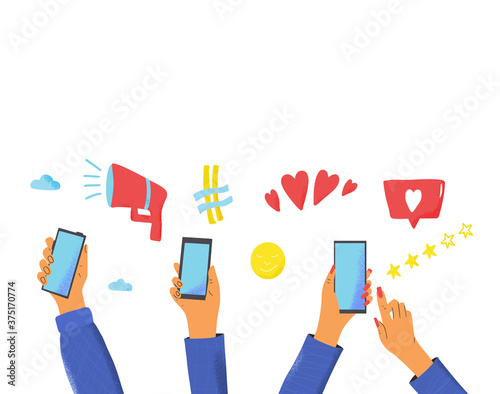 Human hand holding a phone. Vector design.