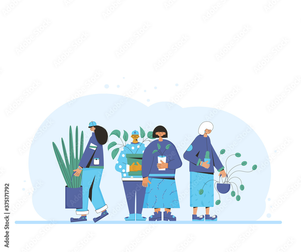Fototapeta premium Plant lover. Man with indor flower pot. Vector