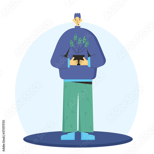 Plant lover. Man with indor flower pot. Vector