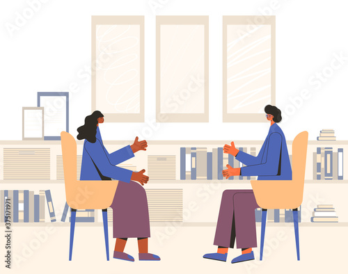Mental health therapy session. Vector color flat.