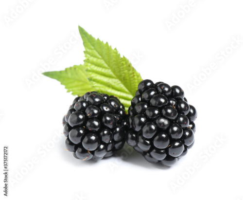 Delicious fresh ripe blackberries with leaves isolated on white