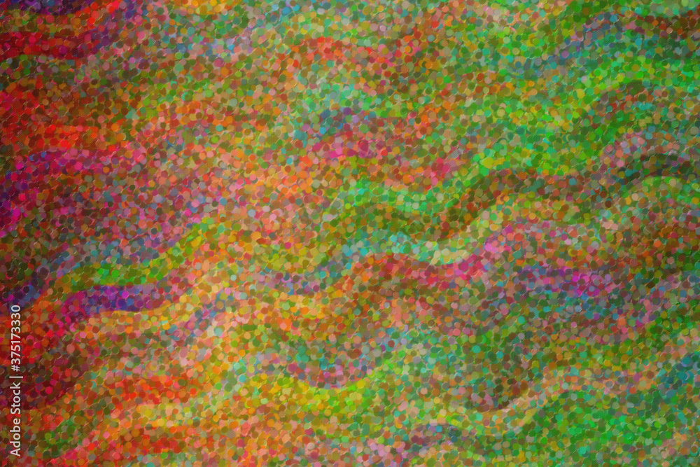 Green and dark red waves impressionist pointilism background, digitally created.