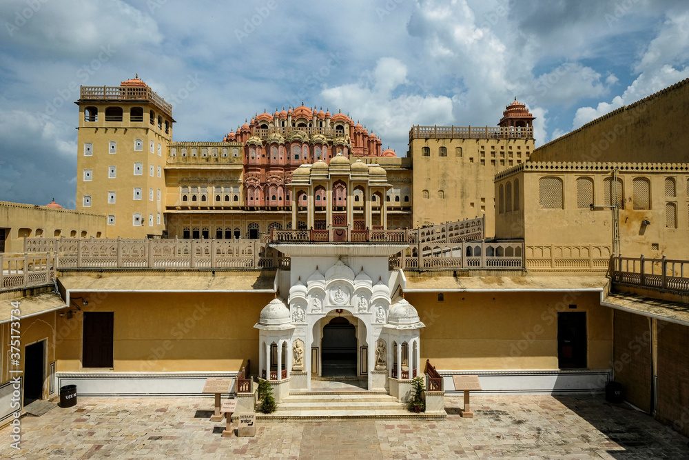 Jaipur, India - August 2020: View of the Hawa Mahal, the most characteristic monument in Jaipur on August 27, 2020 in Rajasthan, India.