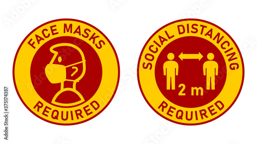 Face Masks Required and Social Distancing Required 2 m or 2 MetresRound Adhesive Sticker or Badge Icons against the Spread of Coronavirus Covid-19. Vector Image.
