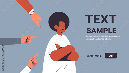 depressed african american guy surrounded by hands fingers mocking pointing him bullying inequality racial discrimination concept portrait horizontal vector illustration