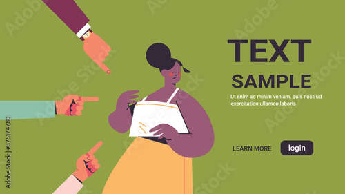 depressed african american girl surrounded by hands fingers mocking pointing her bullying inequality racial discrimination concept portrait horizontal vector illustration