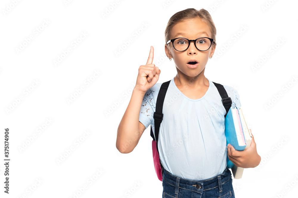 schoolgirl in glasses holding books while having idea isolated on white schoolgirl in glasses holding books while having idea isolated on white