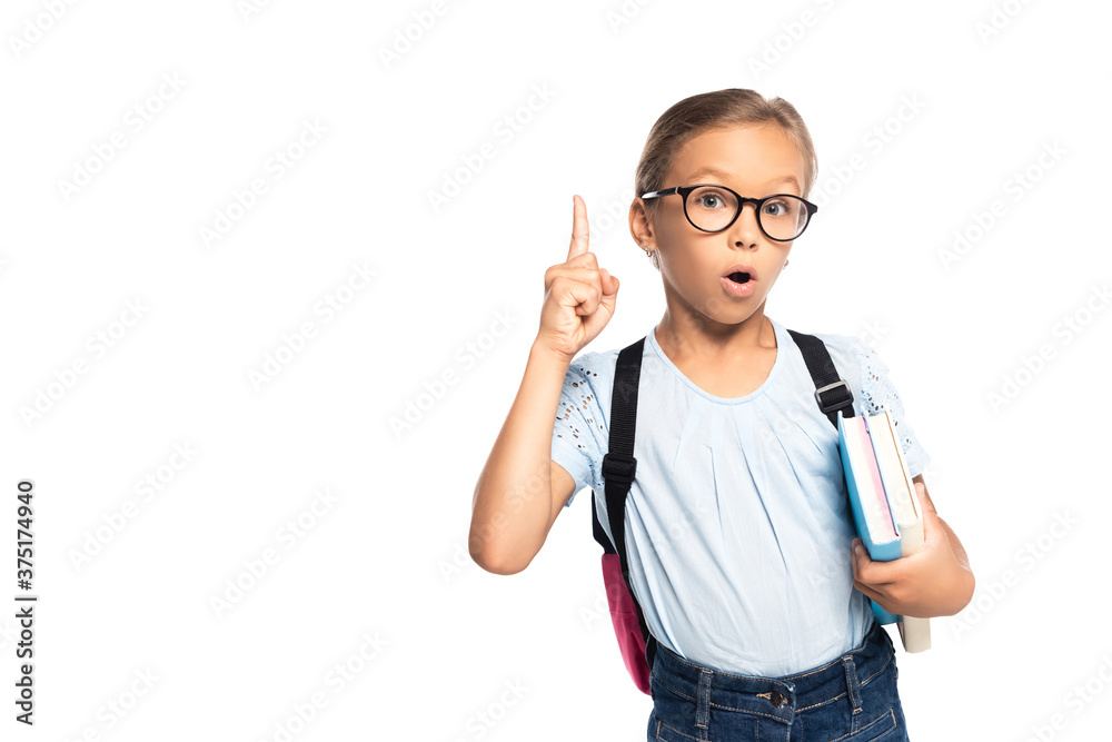 surprised schoolgirl in glasses holding books while having idea isolated on white surprised schoolgirl in glasses holding books while having idea isolated on white