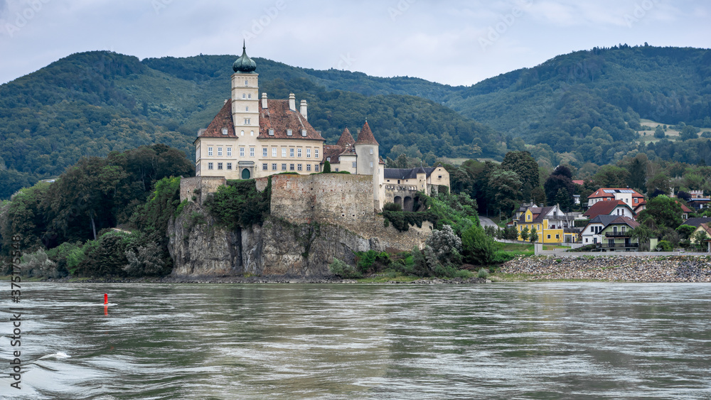 Gasthof Stumpfer, Austria / Danube River - August 15, 2020: Gasthof Stumpfer and the castle Gasthof Stumpfer, Austria / Danube River - August 15, 2020: Gasthof Stumpfer and the castle