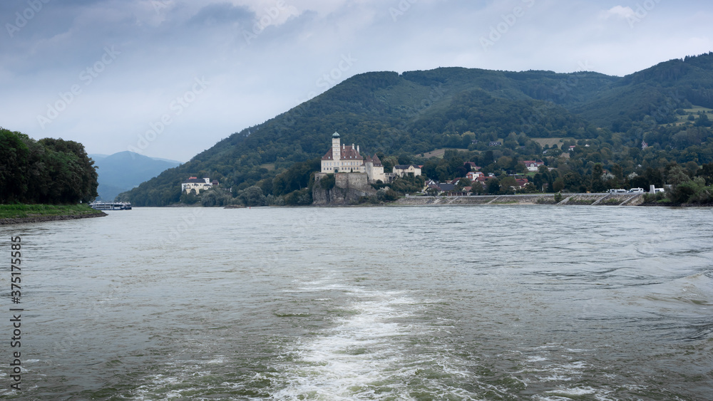 Gasthof Stumpfer, Austria / Danube River - August 15, 2020: Gasthof Stumpfer and the castle 