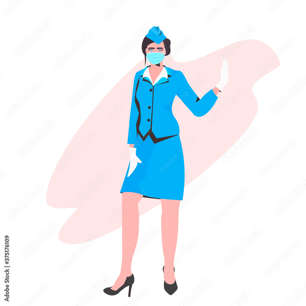 stewardess in uniform wearing face mask to prevent coronavirus pandemic covid-19 quarantine concept full length vector illustration