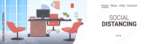 modern office workplace desk social distancing coronavirus epidemic protection self isolation concept cabinet interior copy space horizontal vector illustration