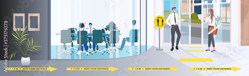 businesspeople keeping distance to prevent coronavirus epidemic covid-19 protection measures office hallway interior horizontal full length vector illustration