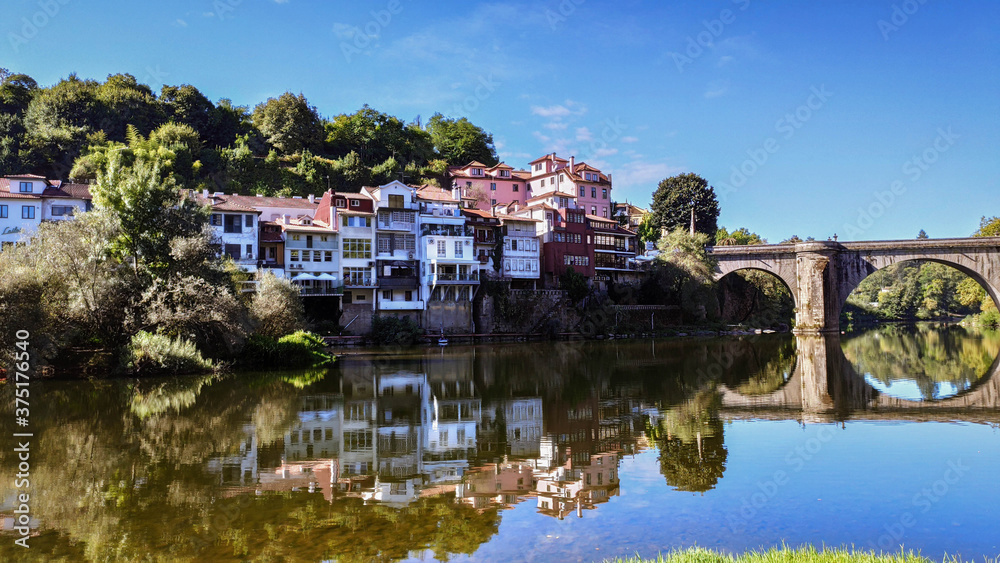 Saint Gonçalo bridge Amarante and old houses, Portugal.