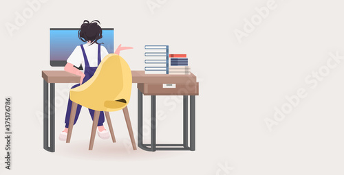 rear view businesswoman sitting at workplace social distancing coronavirus epidemic self isolation remote work concept horizontal full length vector illustration