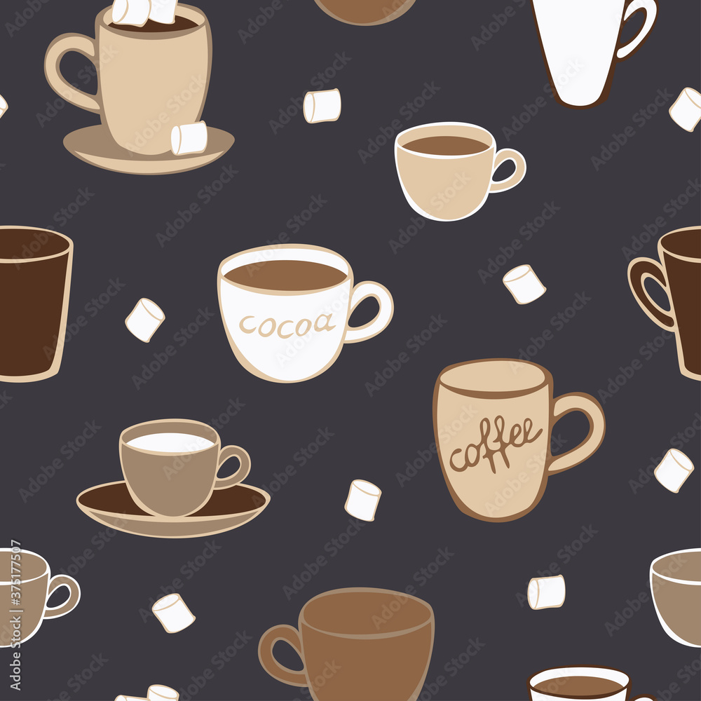 Vector seamless pattern of cups and mugs with coffee and cocoa and marshmallow. Concept for coffee house. Vector seamless pattern of cups and mugs with coffee and cocoa and marshmallow. Concept for coffee house.