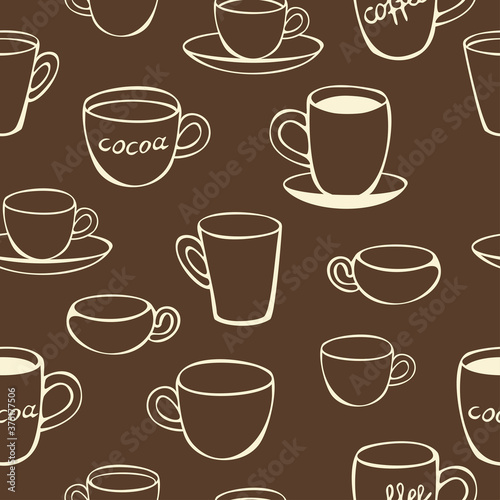 Vector seamless pattern of cups and mugs with cocoa and marshmallow. Concept for coffee house. Coffee colour.