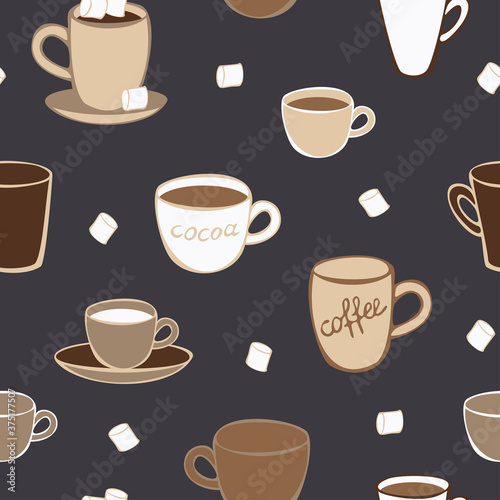 Vector seamless pattern of cups and mugs with coffee and cocoa and marshmallow. Concept for coffee house.