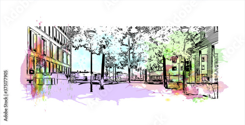 Building view with landmark of Arnhem is a city and municipality situated in the eastern part of the Netherlands. Watercolor splash with hand drawn sketch illustration in vector.