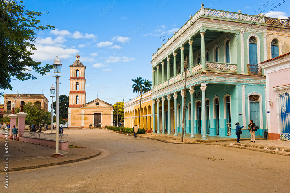 Fototapeta premium Virgen del Buen Viaje Church and Colonial Houses, Remedios, Santa Clara Province, Cuba, Central America.