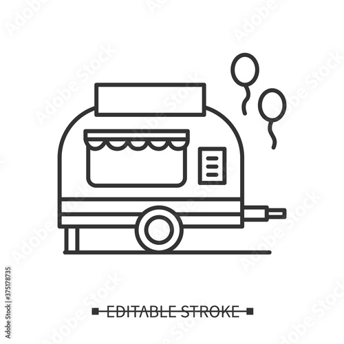Food trailer icon. Mobile street fair food stand with floating balloons linear pictogram. Concept of spring and summer festival, carnival event and fastfood. Editable stroke vector illustration