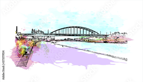 Building view with landmark of Arnhem is a city and municipality situated in the eastern part of the Netherlands. Watercolor splash with hand drawn sketch illustration in vector.