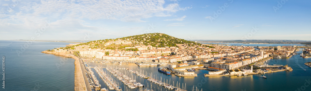 Panorama of the marina of the port of Sete on a summer morning, in Herault in Occitania, France