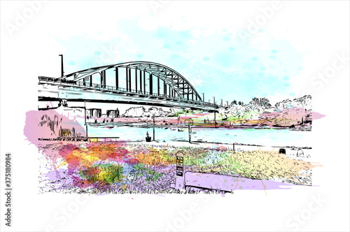 Building view with landmark of Arnhem is a city and municipality situated in the eastern part of the Netherlands. Watercolor splash with hand drawn sketch illustration in vector.