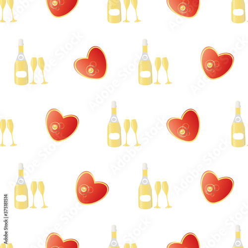 Champagne and red hearts seamless vector pattern background. Gold bottles, glasses, fizzy drink on white backdrop. Elegant sparkling wine repeat. All over print for engagement, Valentine celebration.