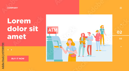 Queue of people standing for using ATM. Bank customer inserting credit card to slot for transaction. Vector illustration for business, banking, finance concept
