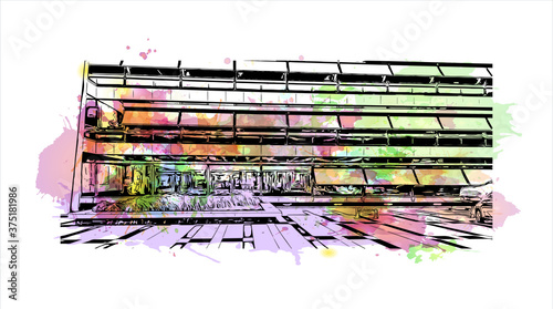 Building view with landmark of Arnhem is a city and municipality situated in the eastern part of the Netherlands. Watercolor splash with hand drawn sketch illustration in vector.