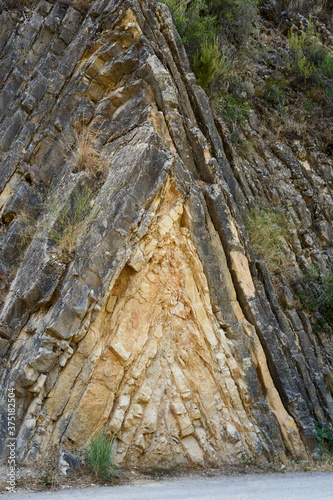 different rock strata on the mountain