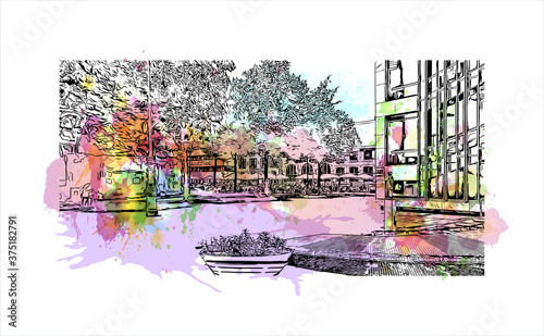 Building view with landmark of Arnhem is a city and municipality situated in the eastern part of the Netherlands. Watercolor splash with hand drawn sketch illustration in vector.