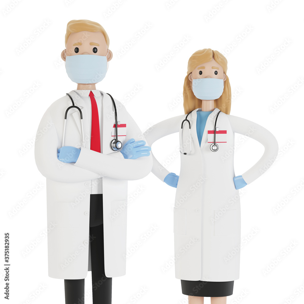 Doctors man and woman in masks and gloves. 3D illustration in cartoon style.