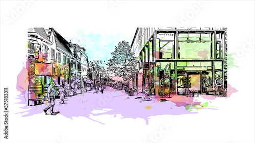 Building view with landmark of Arnhem is a city and municipality situated in the eastern part of the Netherlands. Watercolor splash with hand drawn sketch illustration in vector.