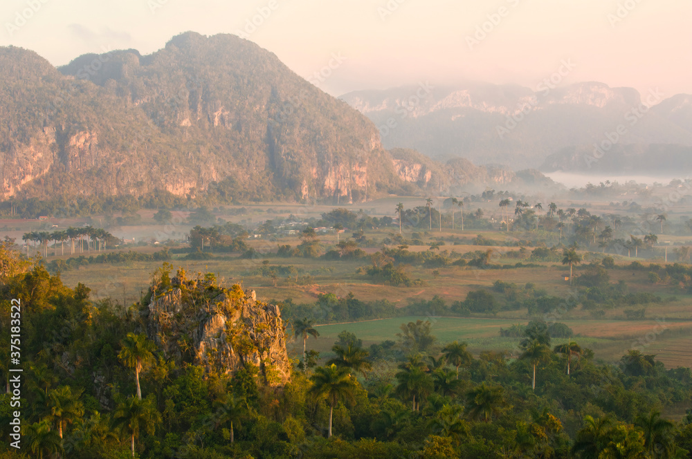 Vinales valley at dawn, Mogotes, Pinar del Rio Province, Cuba, Central America, Unesco World Heritage Site.
