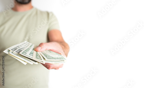 Tableau sur toile front view midsection of caucasian man offering or handing over money to someone