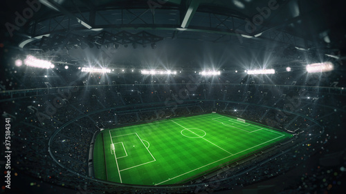 Magnificent football stadium full of spectators expecting an evening match on the grass field. Top tribune spectacular view. Sport category 3D illustration background.	