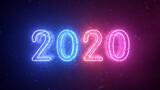 2020 neon sign background new year concept. Happy New Year. Metal background, Modern ultraviolet blue purple neon light. Flicker light. 3d illustration