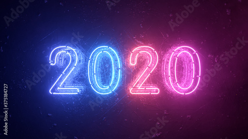 2020 neon sign background new year concept. Happy New Year. Metal background, Modern ultraviolet blue purple neon light. Flicker light. 3d illustration