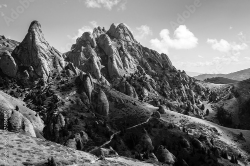 beautiful black and white mountain landscape on a sunny day