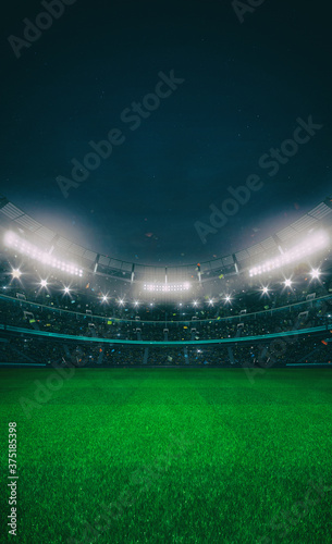 Fototapeta Naklejka Na Ścianę i Meble -  Grand stadium full of spectators expecting an evening match on the grass field. High format for social network banners or posters. Sport building 3D professional background illustration.	
